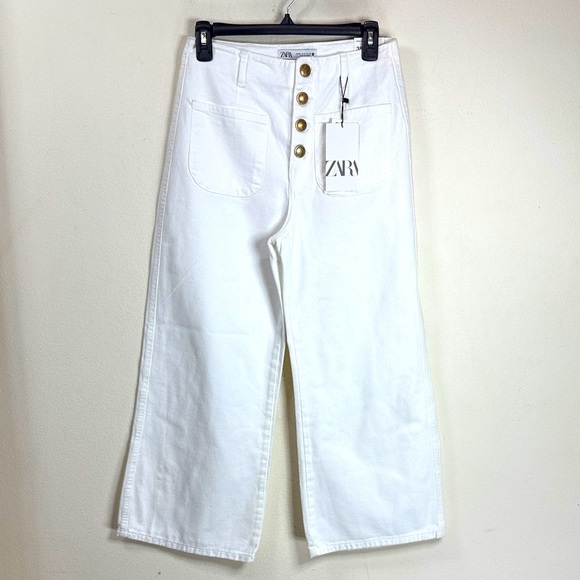 (M2)NEW Zara high-waisted, wide-leg, cropped jeans,Sz 6, with gold buttons with - Picture 2 of 14